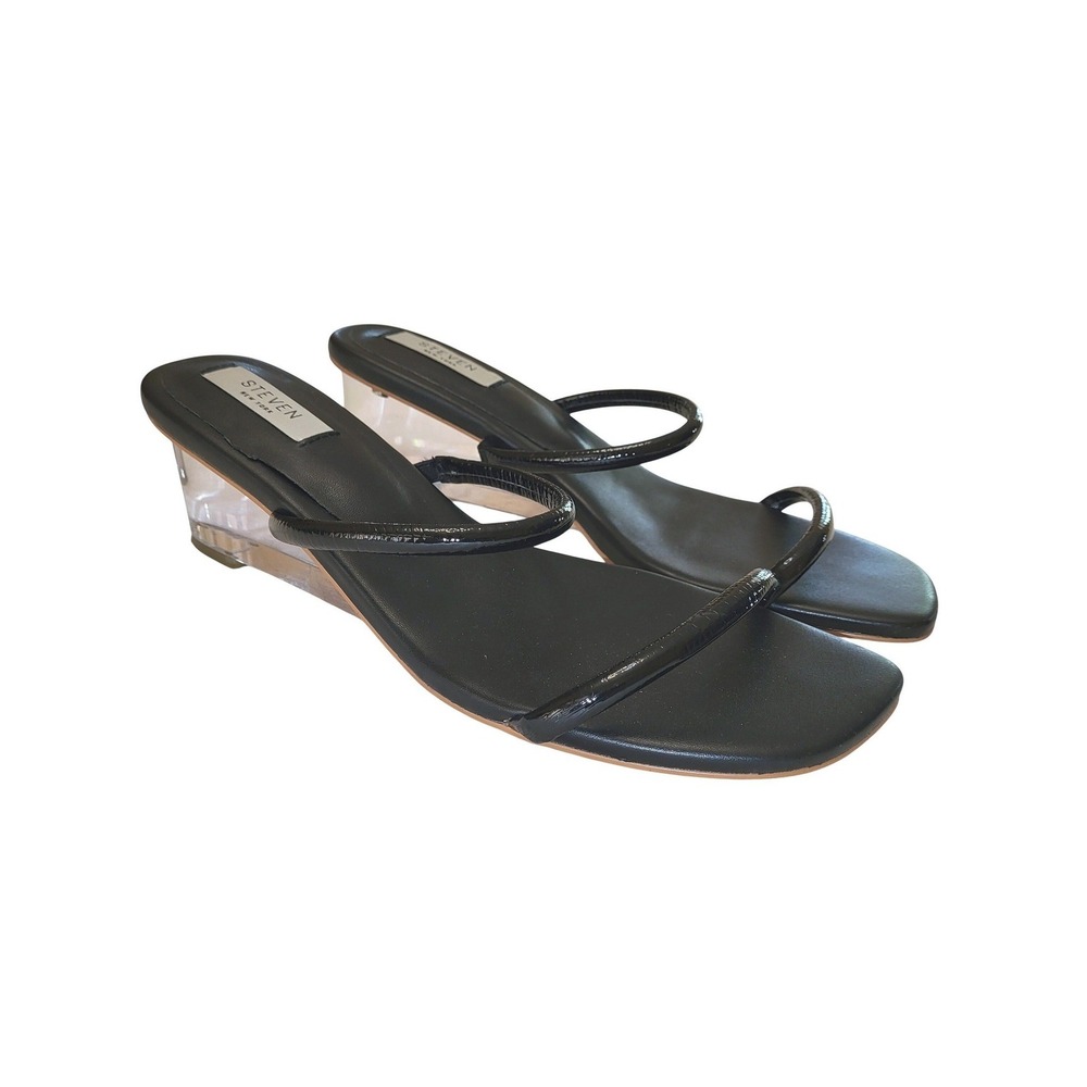 Steven by Steve Madden Black Strappy Sandals Clear Chunky Wedge Heel Vegan 10